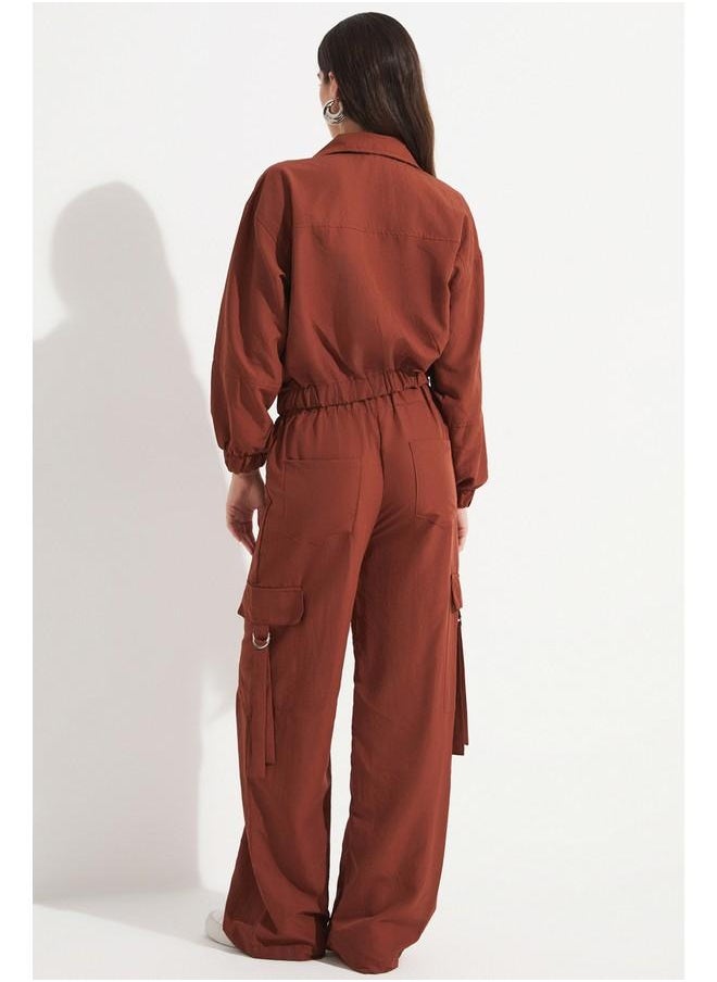 JUNE - June Women Pocket Detailed Crop Jacket Trouser Set Brown - Image 1
