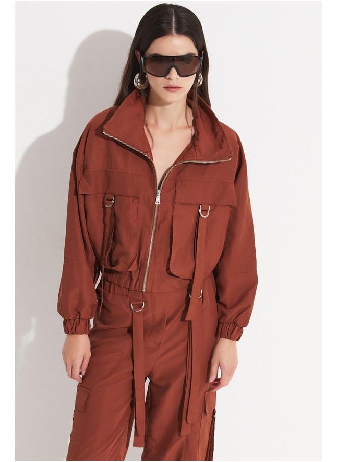 JUNE - June Women Pocket Detailed Crop Jacket Trouser Set Brown - Image 1