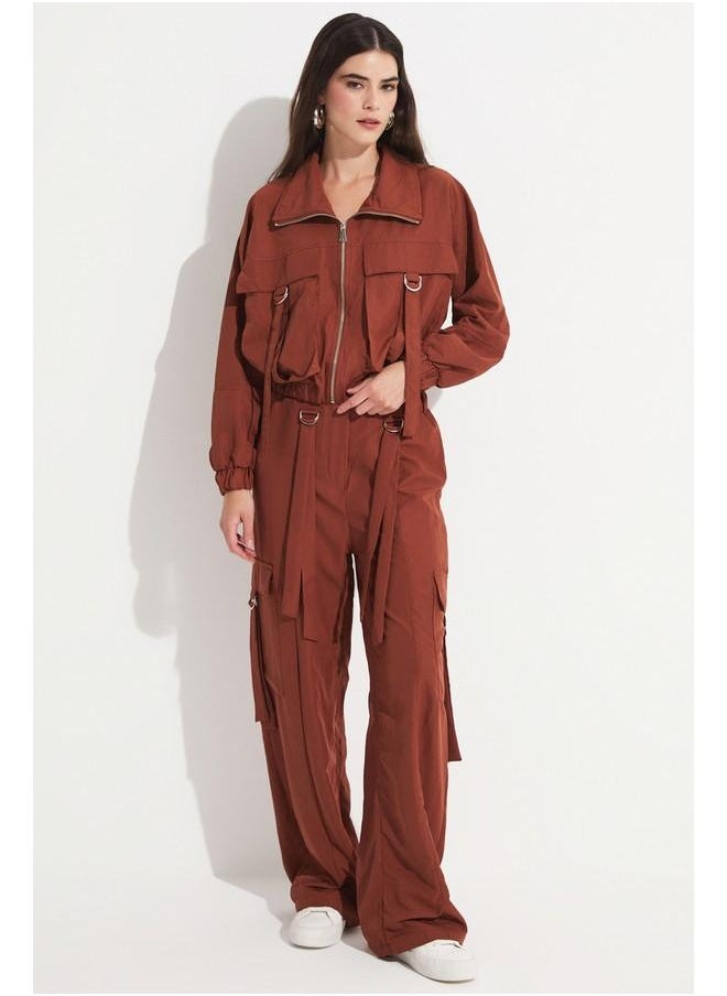 JUNE - June Women Pocket Detailed Crop Jacket Trouser Set Brown - Image 1