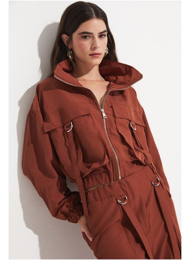 JUNE - June Women Pocket Detailed Crop Jacket Trouser Set Brown - Image 1