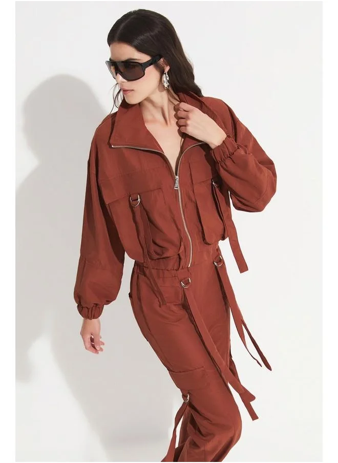 جون June Women Pocket Detailed Crop Jacket Trouser Set Brown