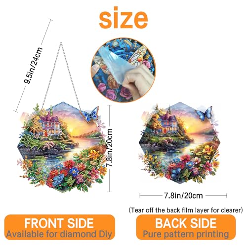 Ginfonr Diamond Painting Kits Hanging Pendant, Landscape Diamond Art Kits for Adults, Special Shaped Rhinestone Butterflies Diamond Art, Double Sided Spring Hanging Kits for Garden Window 8 x 8inch - Image 5