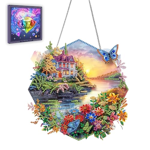 Ginfonr Diamond Painting Kits Hanging Pendant, Landscape Diamond Art Kits for Adults, Special Shaped Rhinestone Butterflies Diamond Art, Double Sided Spring Hanging Kits for Garden Window 8 x 8inch - Image 1