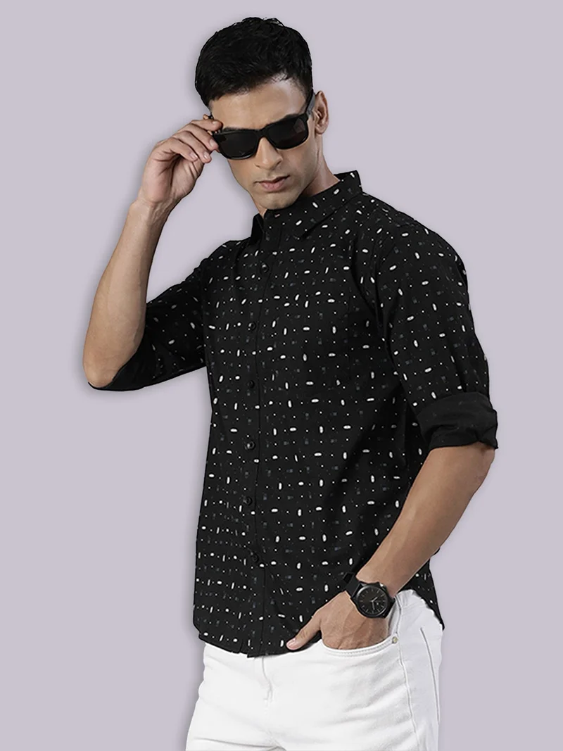 جوفن قميص قطني أسود مطبوع كاجوال للرجال