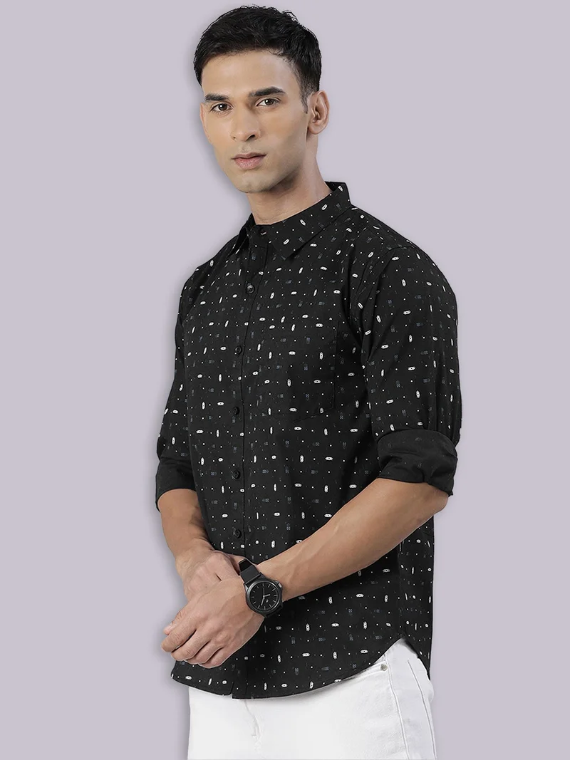 جوفن قميص قطني أسود مطبوع كاجوال للرجال