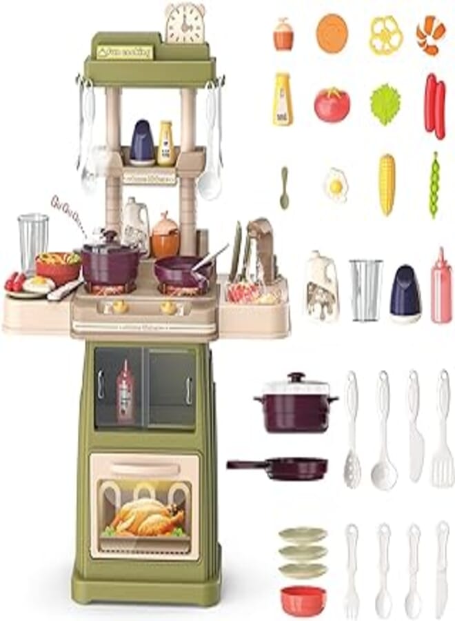 deAO Kids Kitchen Toy Set with Light & Sound, Kids Pretend Kitchen Role Play Set with Steam Cooker Hood, Sink, Cooking Toy for Kids Gils Boys for Birthdays Christmas