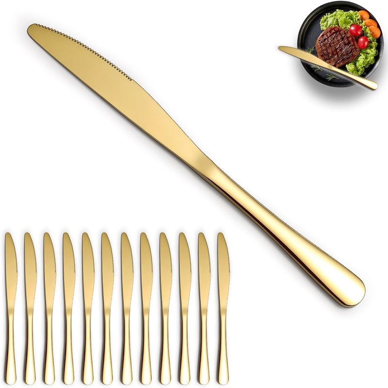 ReaNea Gold Dinner Knives Set of 12 Pieces, Stainless Steel Titanium Gold Plating Butter Knife, Table Knives for Home, Restaurant, Hotel, Wedding, Events - Image 1