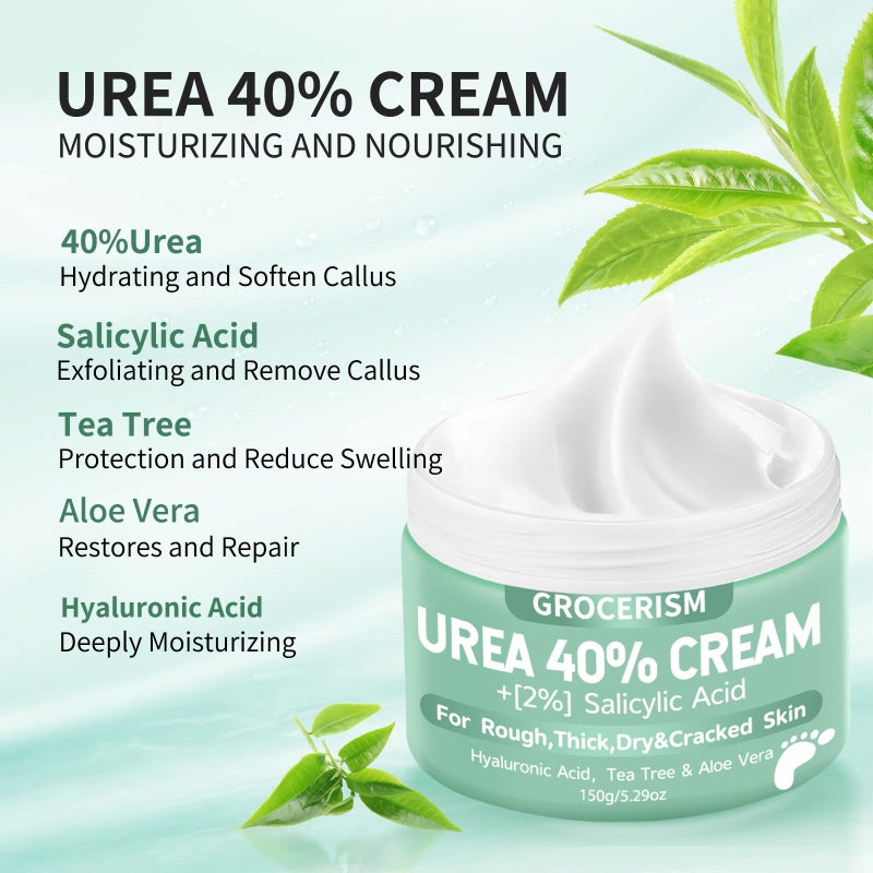 Grocerism Urea Cream 40 Percent For Feet Plus 2% Salicylic Acid 5.29 oz || Foot Cream and Hand Cream Maximum Strength with Hyaluronic Acid,Tea Tree,and Aloe Vera For Deep Moisturizes,Callus Remover - Image 3