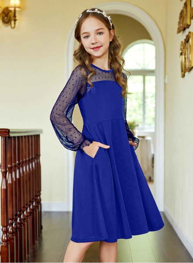Arshiner Girl's Dress Polka Dots Mesh Long Sleeve Casual Spring Sky Blue A Line Party Dress 9-10 Years - Image 3