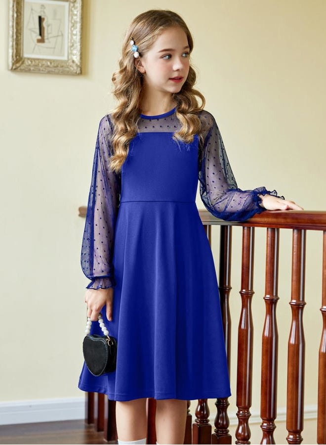 Arshiner Girl's Dress Polka Dots Mesh Long Sleeve Casual Spring Sky Blue A Line Party Dress 9-10 Years - Image 2