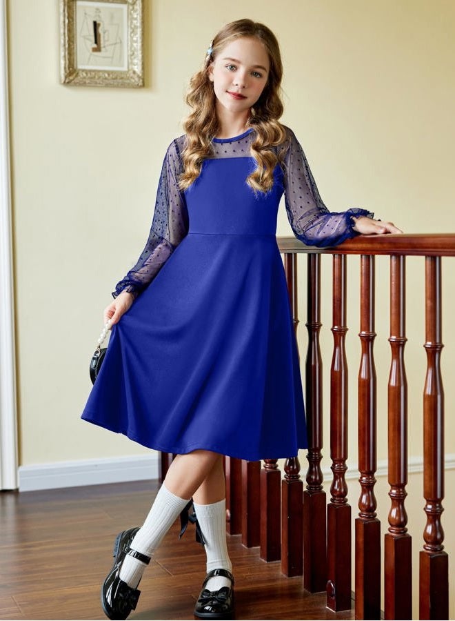 Arshiner Girl's Dress Polka Dots Mesh Long Sleeve Casual Spring Sky Blue A Line Party Dress 9-10 Years - Image 5