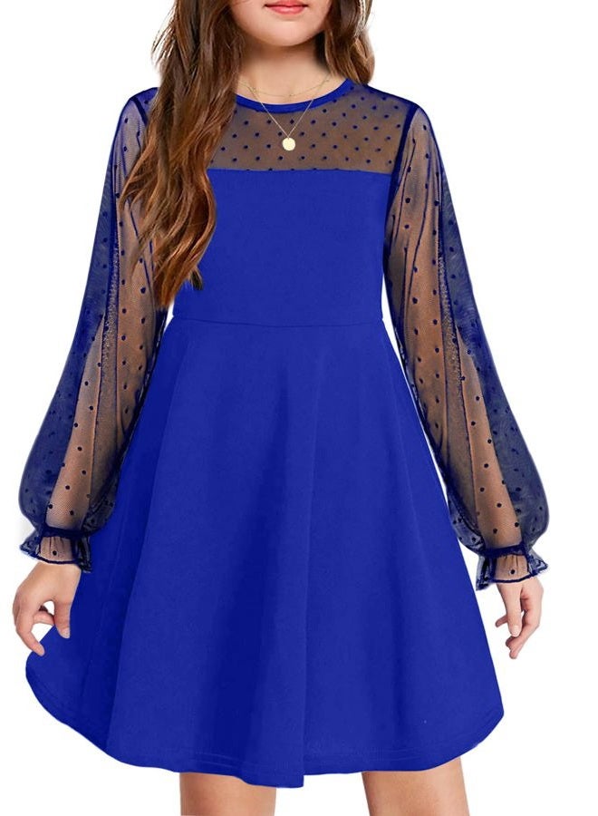 Arshiner Girl's Dress Polka Dots Mesh Long Sleeve Casual Spring Sky Blue A Line Party Dress 9-10 Years - Image 1