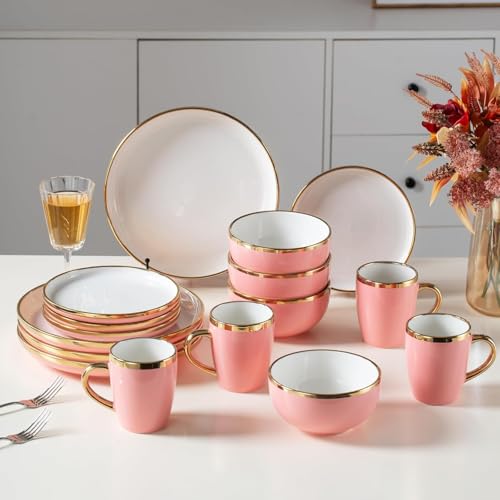 REANRO Pink and Gold Ceramic Dinnerware Sets for 4, 16-Piece Luxury Plates and Bowls Sets with Gold Rim, Modern Dish Set for Wedding Christmas Anniversary, Crack Resistant | Dishwasher & Freezer Safe (Pink) - Image 1