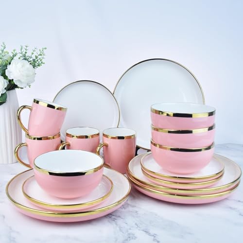 REANRO Pink and Gold Ceramic Dinnerware Sets for 4, 16-Piece Luxury Plates and Bowls Sets with Gold Rim, Modern Dish Set for Wedding Christmas Anniversary, Crack Resistant | Dishwasher & Freezer Safe (Pink) - Image 3