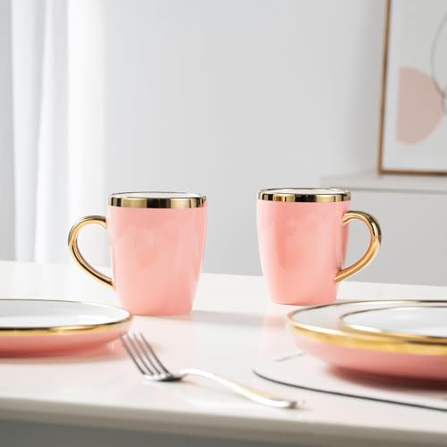 REANRO Pink and Gold Ceramic Dinnerware Sets for 4, 16-Piece Luxury Plates and Bowls Sets with Gold Rim, Modern Dish Set for Wedding Christmas Anniversary, Crack Resistant | Dishwasher & Freezer Safe (Pink) - Image 5