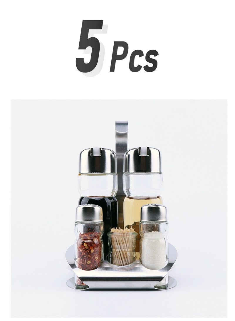 Cruet Set, 5 Piece Cruet Cruet Set for Salt, Oil & Vinegar with Matching Holder, Moisture Proof Moisture Proof Stainless Steel Condiment Box Set - Image 1
