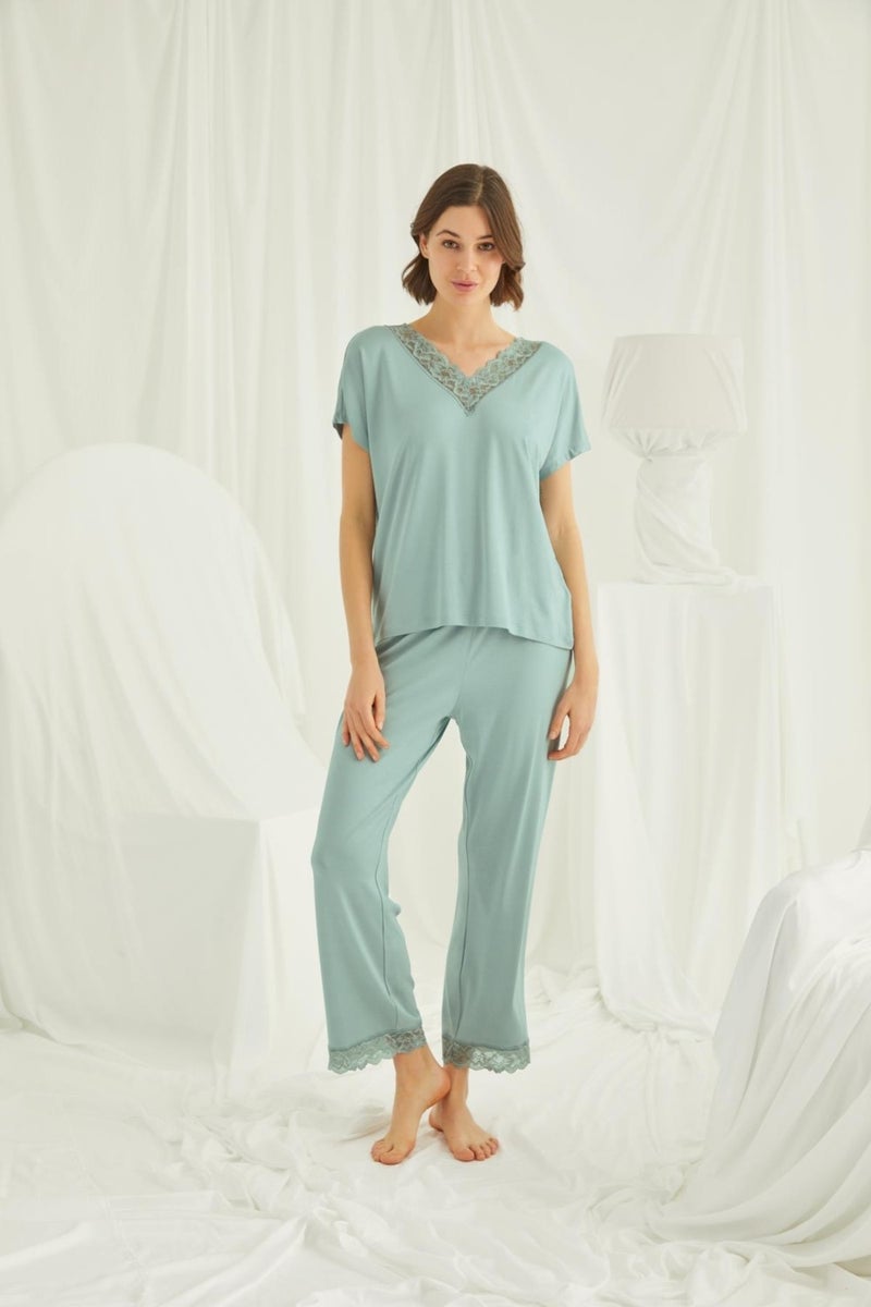 Monamise Women's Short Sleeve V-Neck Lace Pajama Set
