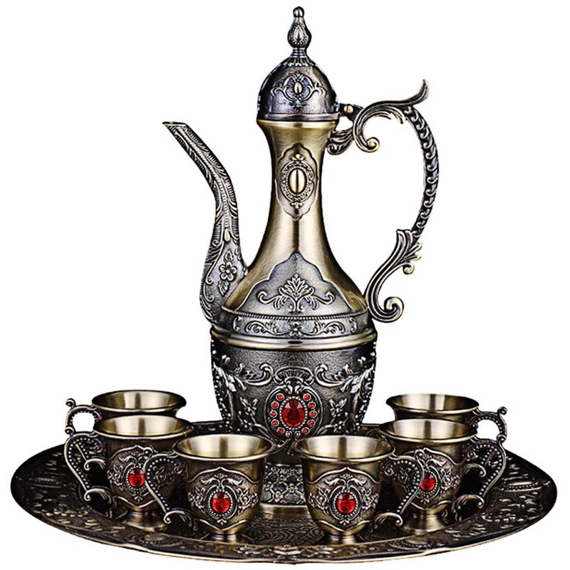 Vintage Turkish Coffee Pot and Cups SetTea Service Set Including TeapotTea Tray and Metal Cups for Wine Cabinet DecorWedding Ornaments Bronze with Red Crystal