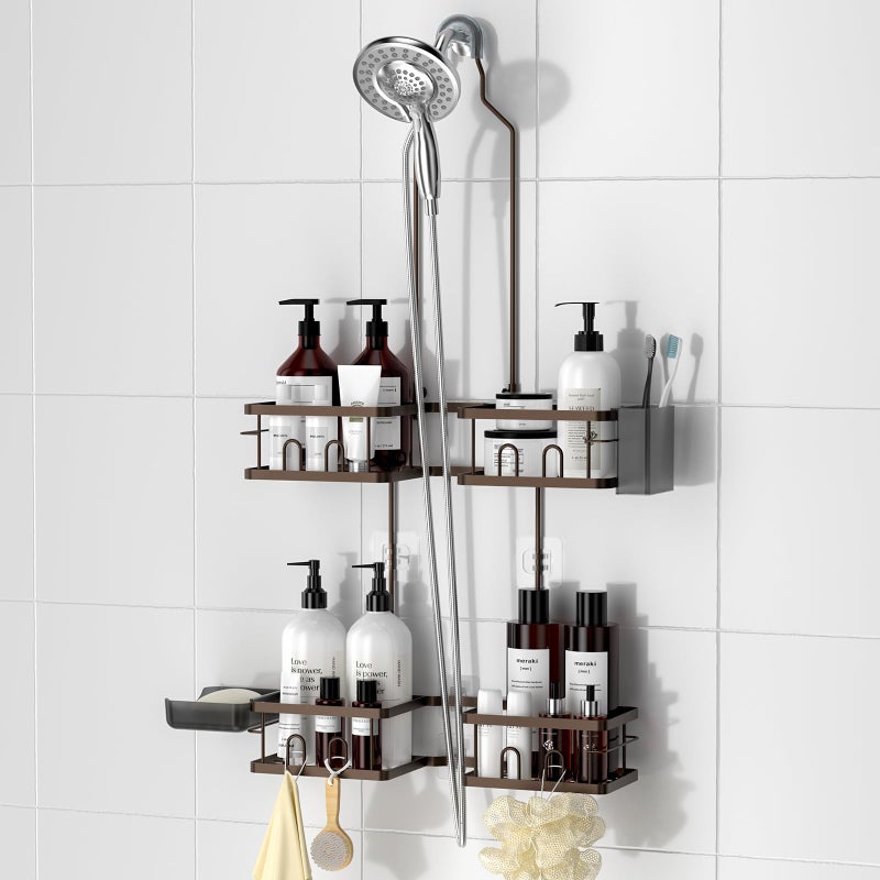 Reinhardt Adjustable Shower Caddy Hanging Rustproof Shower Caddy For Handheld Showerheads  Shower Organizer With Hooks Soap Holder  Anti-Swing Shower Rack Bathroom Accessories  Bronze - Image 1