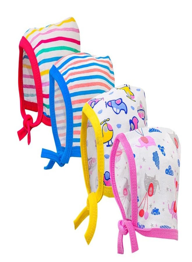 BUMSIES Washable Reusable Soft Cotton Printed Cap with Tie Knot for New Born Baby Boy & Girl/Topa Set - Pack of 4 - (0-3 Months) Multicolour - Image 1