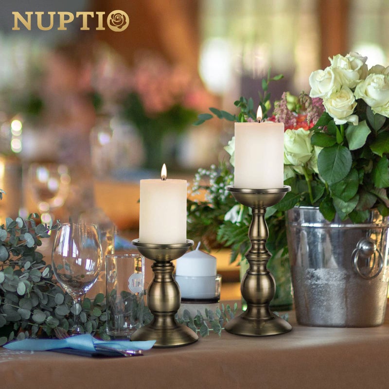 NUPTIO حاملات شموع عمودية من الحديد البرونزي 2 قطعة، مثالية لشموع عمودية بقطر 3 إنش، هدايا للزفاف، الحفلات، المنزل، السبا، الريكي، شموع فوطيف (ص + ل) - Image 5