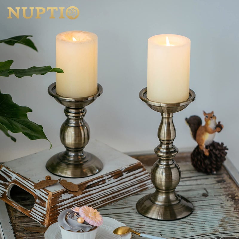 NUPTIO حاملات شموع عمودية من الحديد البرونزي 2 قطعة، مثالية لشموع عمودية بقطر 3 إنش، هدايا للزفاف، الحفلات، المنزل، السبا، الريكي، شموع فوطيف (ص + ل) - Image 4