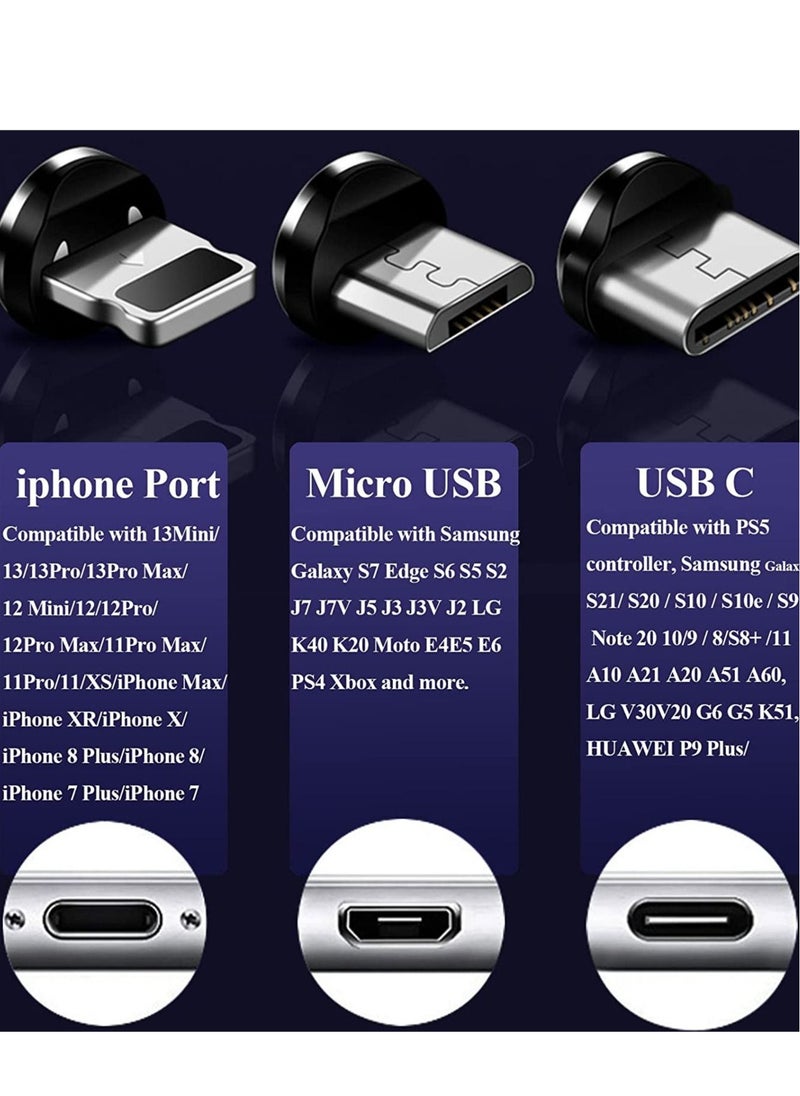 3 in 1 Magnetic Light Up Charging Cable, 360 Rotating LED Phone Charger, Multi Charging Cable Led Flowing Fast Charging Cord Compatible with iPhone,Type C and Micro USB Colorful(2.1m)