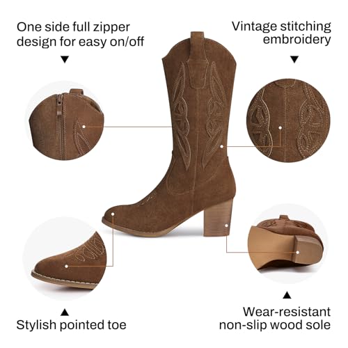 SHIBEVER Cowboy Boots for Women 2025: Brown Mid Calf Cowgirl Booties Western Suede Chunky Heels Zip up Boots Size 8 - Image 4