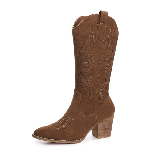 SHIBEVER Cowboy Boots for Women 2025: Brown Mid Calf Cowgirl Booties Western Suede Chunky Heels Zip up Boots Size 8 - Image 1