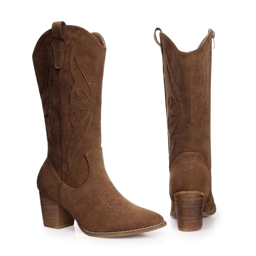 SHIBEVER Cowboy Boots for Women 2025: Brown Mid Calf Cowgirl Booties Western Suede Chunky Heels Zip up Boots Size 8 - Image 5