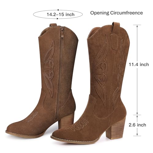 SHIBEVER Cowboy Boots for Women 2025: Brown Mid Calf Cowgirl Booties Western Suede Chunky Heels Zip up Boots Size 8 - Image 3