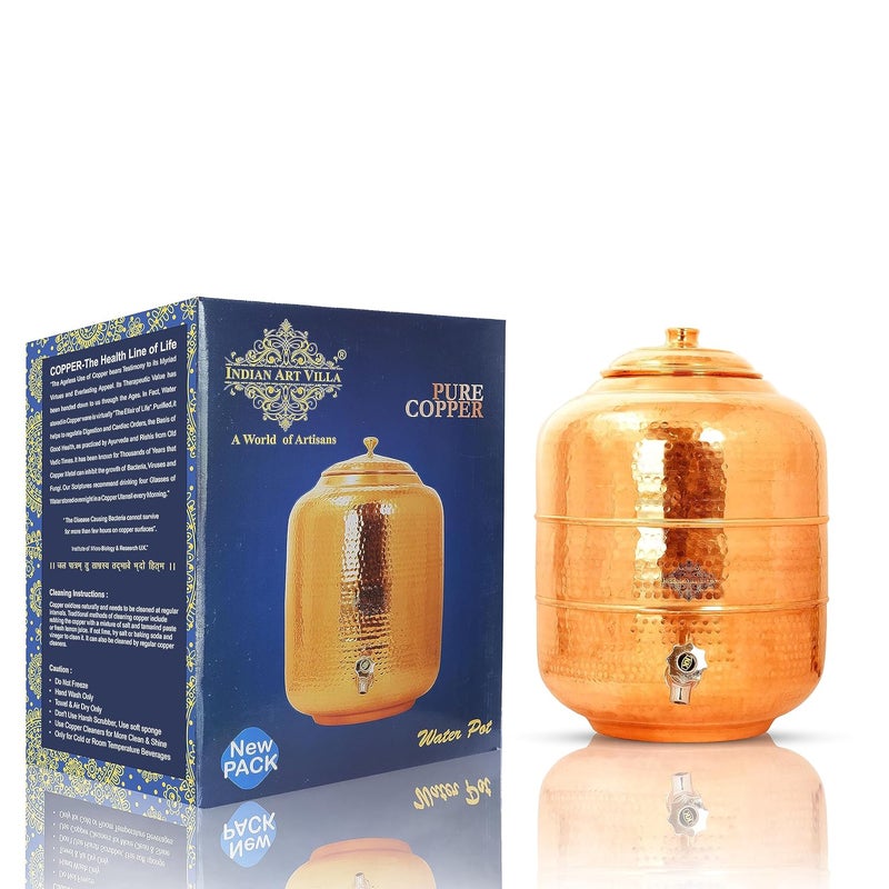 INDIAN ART VILLA Indian Art Villa Hammered Copper Water Dispenser Stoarge Pot Tank Drinkware Serveware Set 7000 ml - Image 1