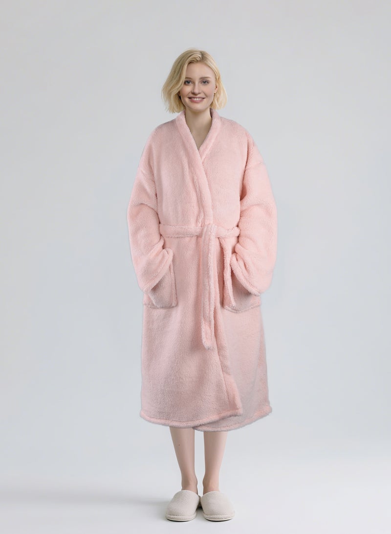 Noon East Lightweight Bathrobe - 240 Gsm 100% Polyester Soft Fuzzy Plush For Women - Cute Hood & Pocket - Solid Pink Color, L Size - Image 1