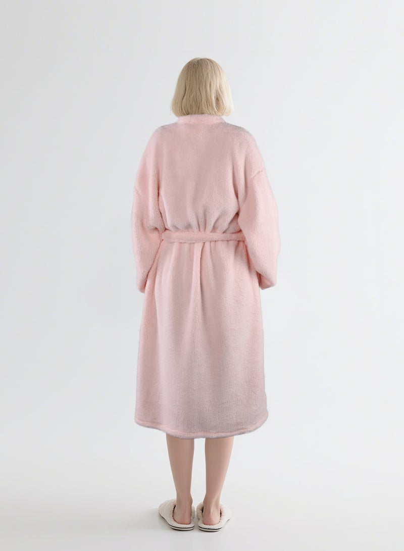 Noon East Lightweight Bathrobe - 240 Gsm 100% Polyester Soft Fuzzy Plush For Women - Cute Hood & Pocket - Solid Pink Color, L Size - Image 3
