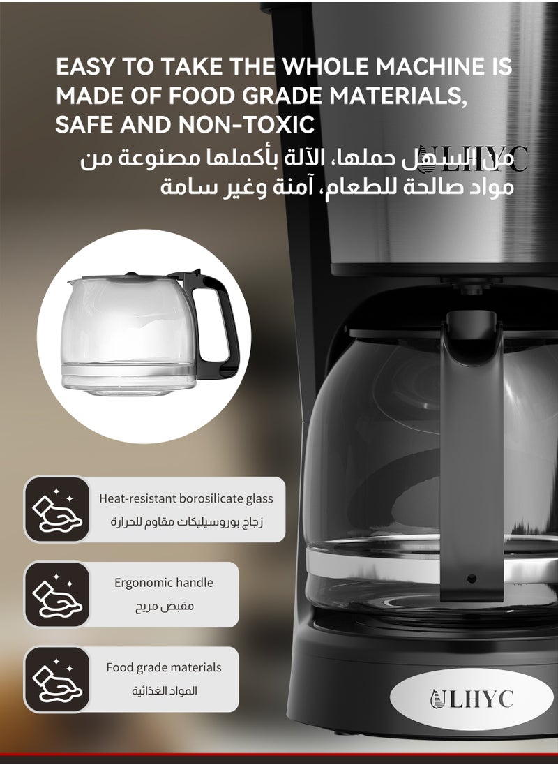 ULHYC - Coffee Maker 1.5L 900W 12-Cup Drip Coffee Maker - Borosilicate Carafe, Auto-Off, Reusable Filter, Anti-Drip, Keep-Warm Function, Clear Water Level Window Coffee Machine, Ideal For Home or Office For Drip Coffee & Espresso Black/Silver - Image 1