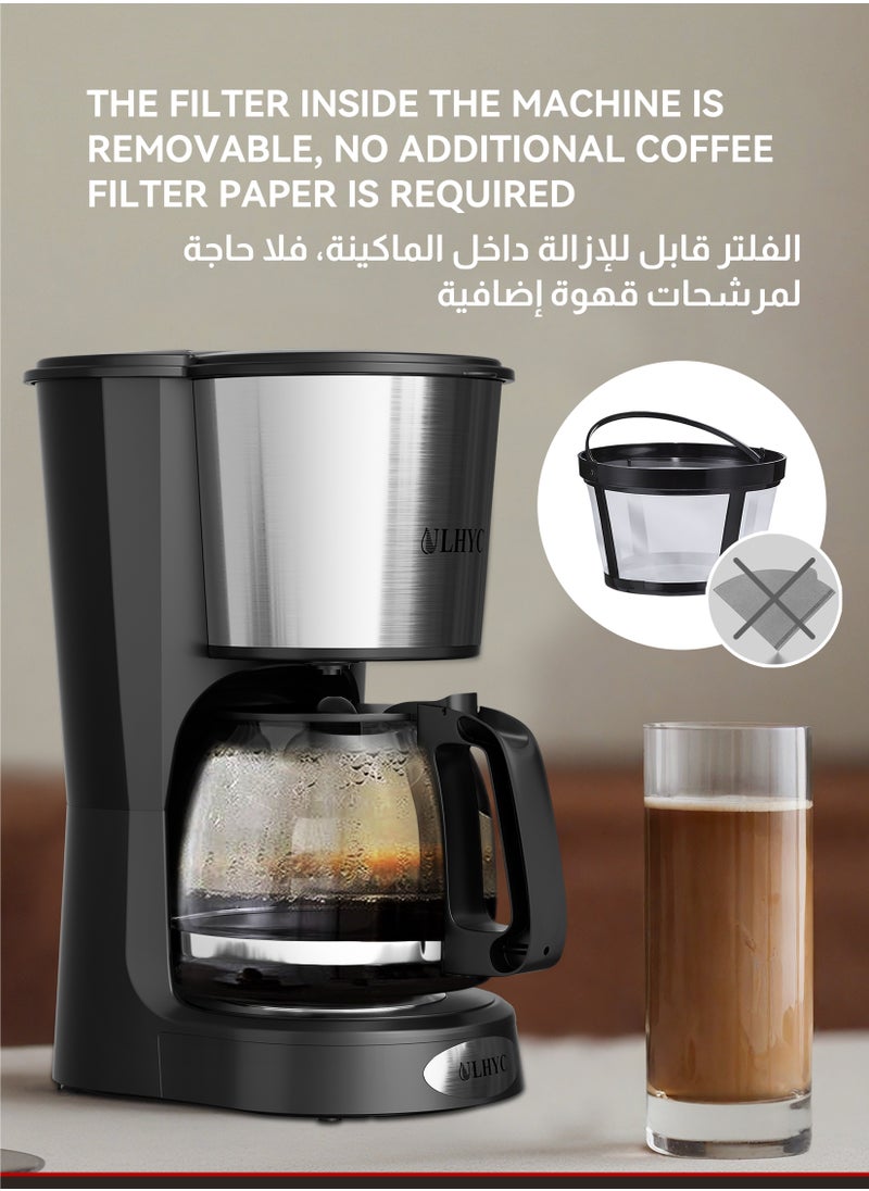 ULHYC - Coffee Maker 1.5L 900W 12-Cup Drip Coffee Maker - Borosilicate Carafe, Auto-Off, Reusable Filter, Anti-Drip, Keep-Warm Function, Clear Water Level Window Coffee Machine, Ideal For Home or Office For Drip Coffee & Espresso Black/Silver - Image 1