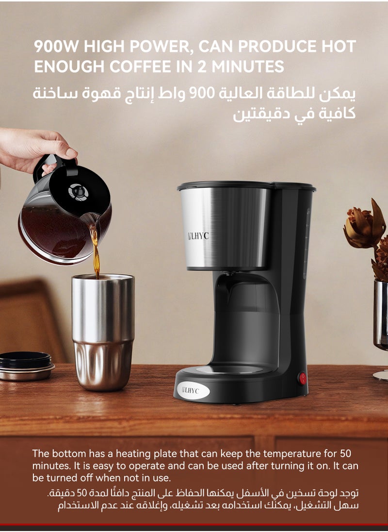 ULHYC - Coffee Maker 1.5L 900W 12-Cup Drip Coffee Maker - Borosilicate Carafe, Auto-Off, Reusable Filter, Anti-Drip, Keep-Warm Function, Clear Water Level Window Coffee Machine, Ideal For Home or Office For Drip Coffee & Espresso Black/Silver - Image 1