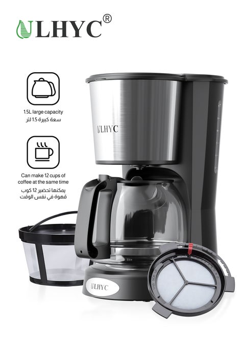 Coffee Maker 1.5L 900W 12-Cup Drip Coffee Maker - Borosilicate Carafe, Auto-Off, Reusable Filter, Anti-Drip, Keep-Warm Function, Clear Water Level Window Coffee Machine, Ideal For Home or Office For Drip Coffee & Espresso Black/Silver