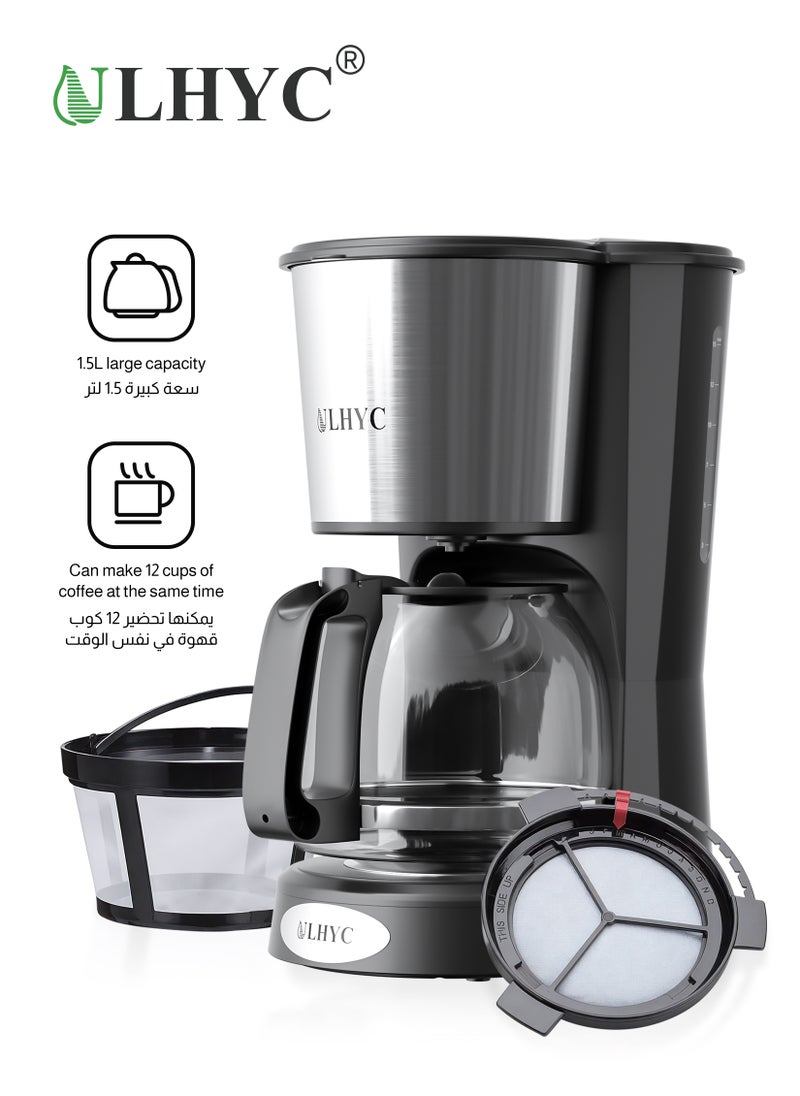 ULHYC - Coffee Maker 1.5L 900W 12-Cup Drip Coffee Maker - Borosilicate Carafe, Auto-Off, Reusable Filter, Anti-Drip, Keep-Warm Function, Clear Water Level Window Coffee Machine, Ideal For Home or Office For Drip Coffee & Espresso Black/Silver - Image 1