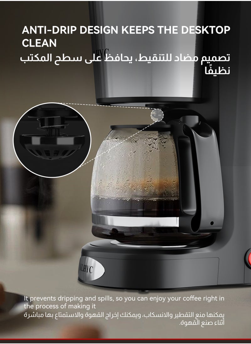 ULHYC - Coffee Maker 1.5L 900W 12-Cup Drip Coffee Maker - Borosilicate Carafe, Auto-Off, Reusable Filter, Anti-Drip, Keep-Warm Function, Clear Water Level Window Coffee Machine, Ideal For Home or Office For Drip Coffee & Espresso Black/Silver - Image 1
