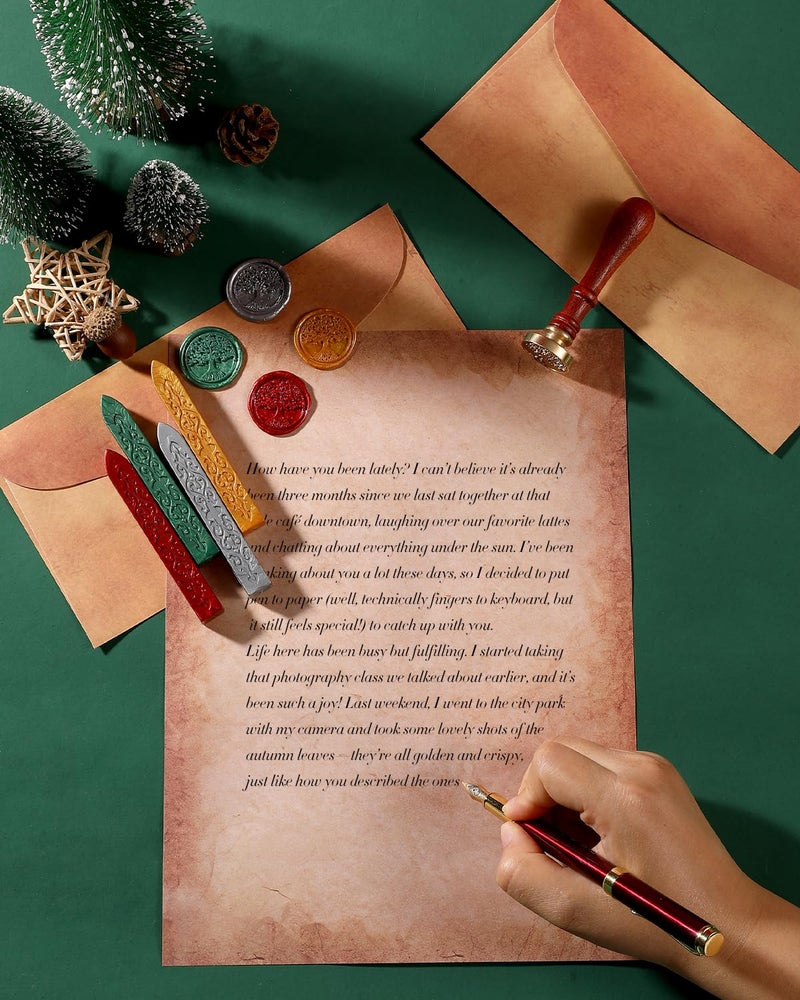 Comealltime 42Pcs Vintage Paper and Envelopes Set, 15 Stationary Letter and Envelopes, 8 Wax Seal Sticks, Wax Spoon, Life Tree Stamp and 2 Tea Candles for Xmas Wedding Party Invitation Love Letter - Image 5