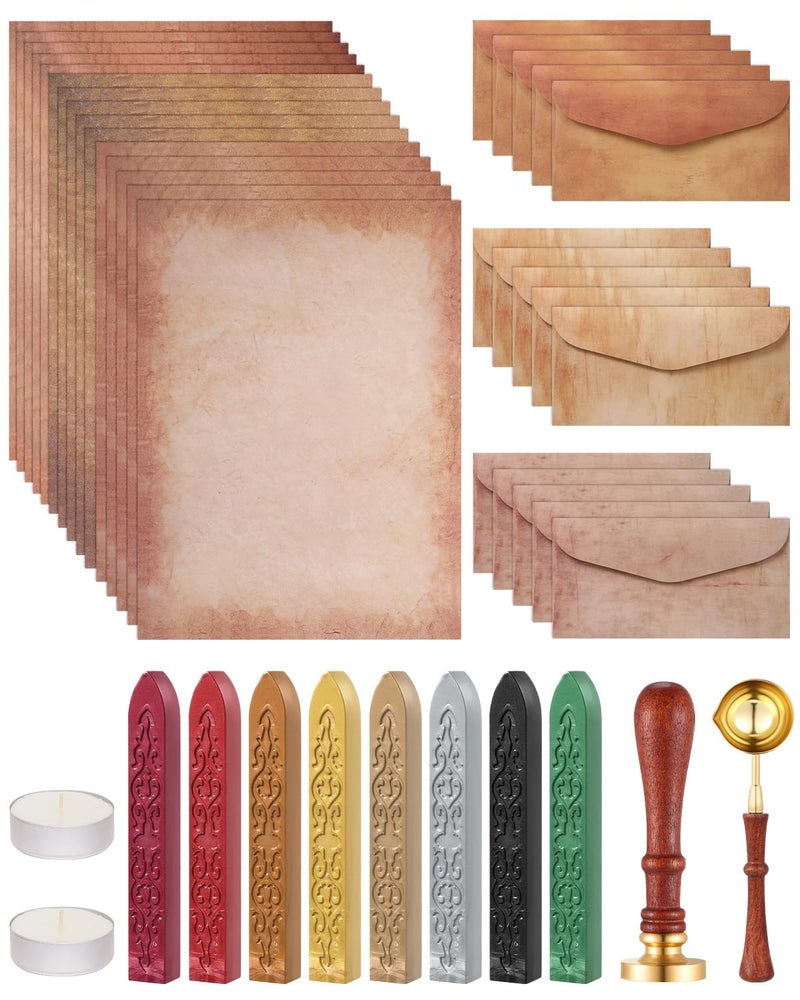 Comealltime 42Pcs Vintage Paper and Envelopes Set, 15 Stationary Letter and Envelopes, 8 Wax Seal Sticks, Wax Spoon, Life Tree Stamp and 2 Tea Candles for Xmas Wedding Party Invitation Love Letter - Image 1