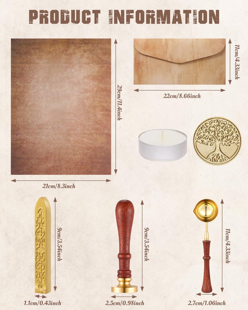 Comealltime 42Pcs Vintage Paper and Envelopes Set, 15 Stationary Letter and Envelopes, 8 Wax Seal Sticks, Wax Spoon, Life Tree Stamp and 2 Tea Candles for Xmas Wedding Party Invitation Love Letter - Image 2