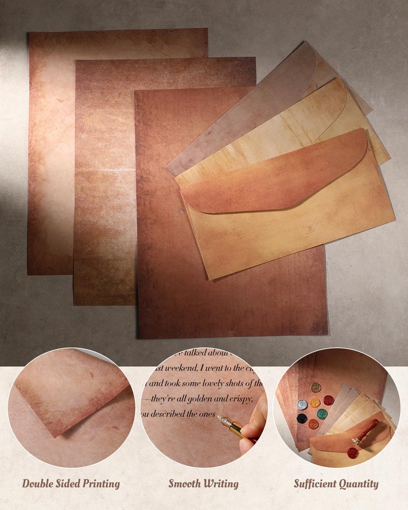 Comealltime 42Pcs Vintage Paper and Envelopes Set, 15 Stationary Letter and Envelopes, 8 Wax Seal Sticks, Wax Spoon, Life Tree Stamp and 2 Tea Candles for Xmas Wedding Party Invitation Love Letter - Image 3