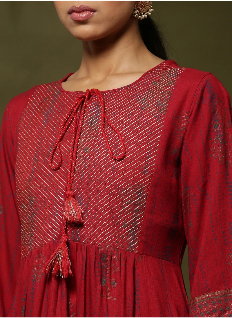 أبهشتي Printed flare dress with zari yoke embroidery-red