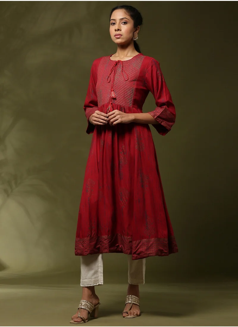 أبهشتي Printed flare dress with zari yoke embroidery-red
