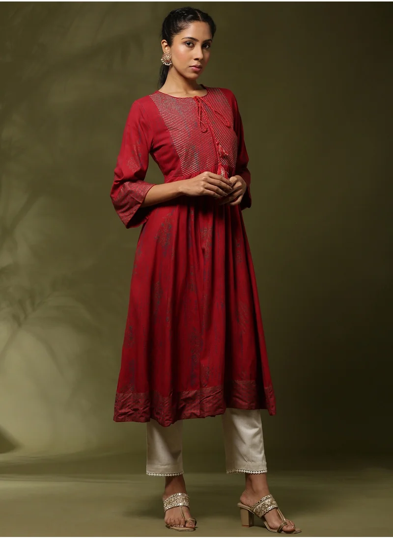 أبهشتي Printed flare dress with zari yoke embroidery-red