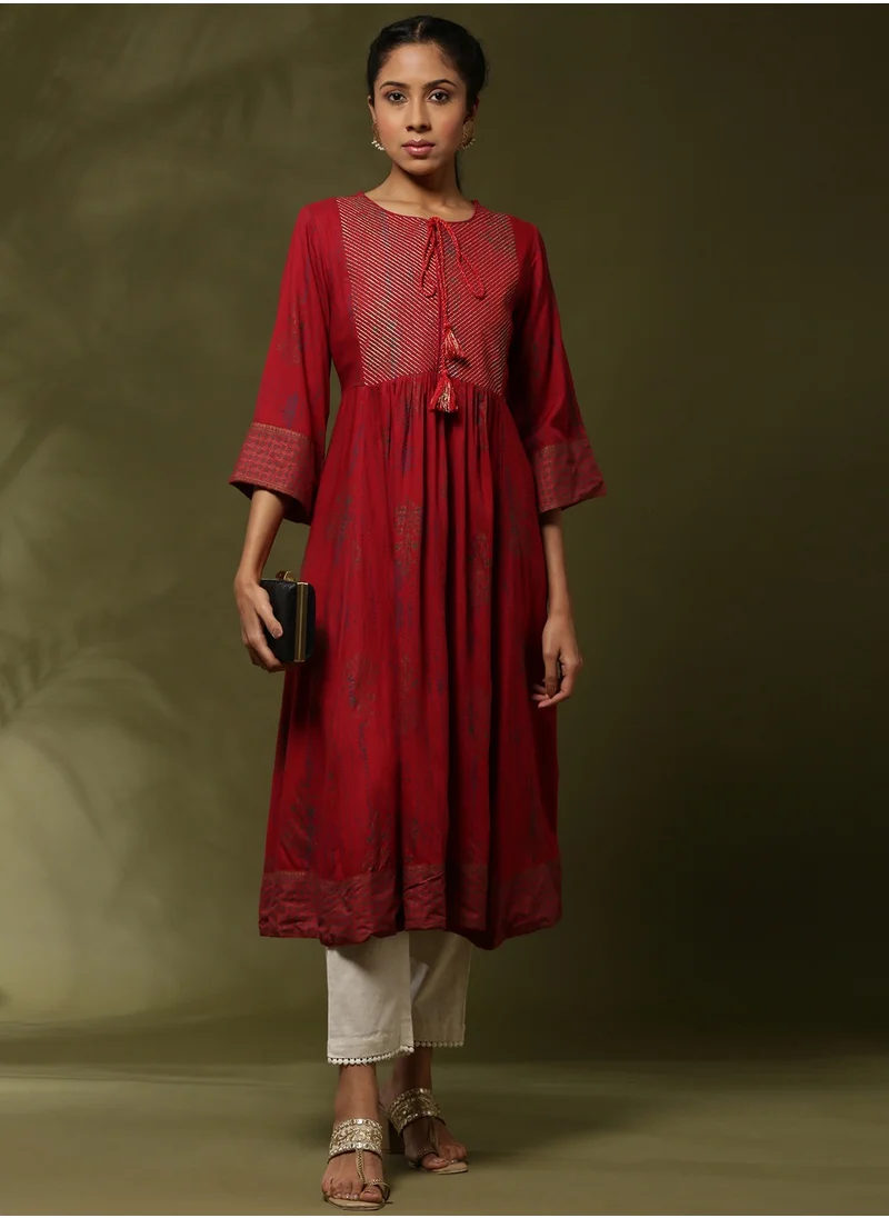 أبهشتي Printed flare dress with zari yoke embroidery-red