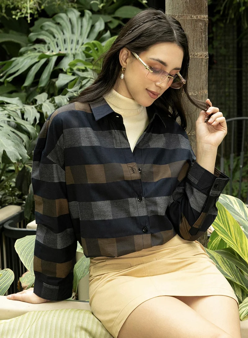 Women's Mocha Brown:Moon Grey Block-Buffalo Check Oversized Shirt | نساء | أكمام طويلة | كاروهات | طوق منتشر | كاجوال كبير الحجم | قميص