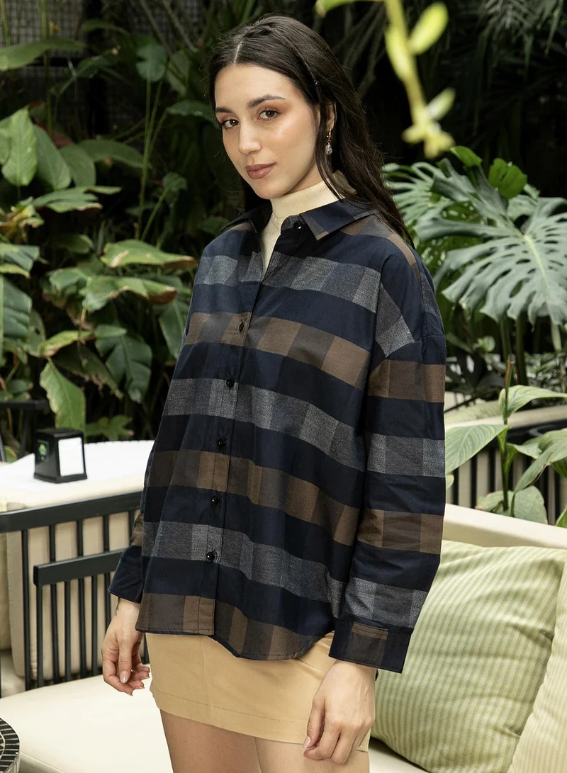 Pinacolada  Women's Mocha Brown:Moon Grey Block-Buffalo Check Oversized Shirt | نساء | أكمام طويلة | كاروهات | طوق منتشر | كاجوال كبير الحجم | قميص for Women | Best Price UAE